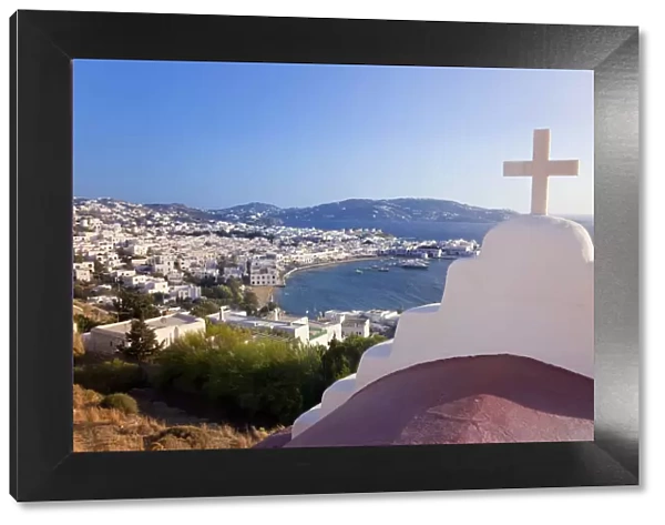 Elevated view over the harbour and old town, Mykonos (Hora), Cyclades Islands, Greece