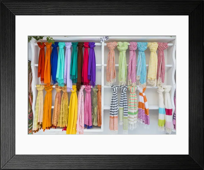 Framed Print : Colourful scarves for sale, Chora (Mykonos Town), Mykonos, Cyclades Islands, Greece Framed Print : Colourful scarves for sale, Chora (Mykonos Town), Mykonos, Cyclades Islands, Greece