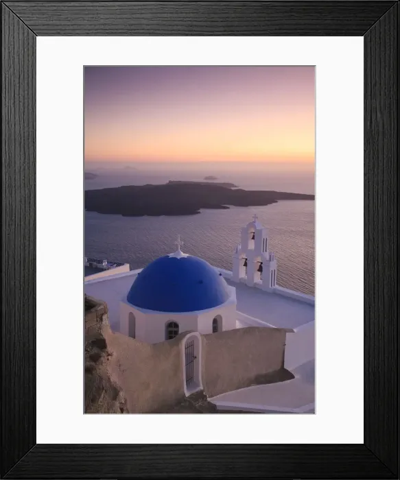 Framed Print : Greece, Cyclades, Santorini, Firostefani, Church and view of Santorini Caldera Framed Print : Greece, Cyclades, Santorini, Firostefani, Church and view of Santorini Caldera