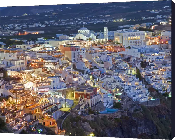 Elevated view over the Volcanic landscape and main town of Fira, Santorini (Thira)