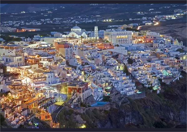 Elevated view over the Volcanic landscape and main town of Fira, Santorini (Thira)