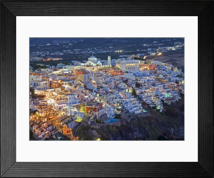 Framed Print : Elevated view over the Volcanic landscape and main town of Fira, Santorini (Thira)