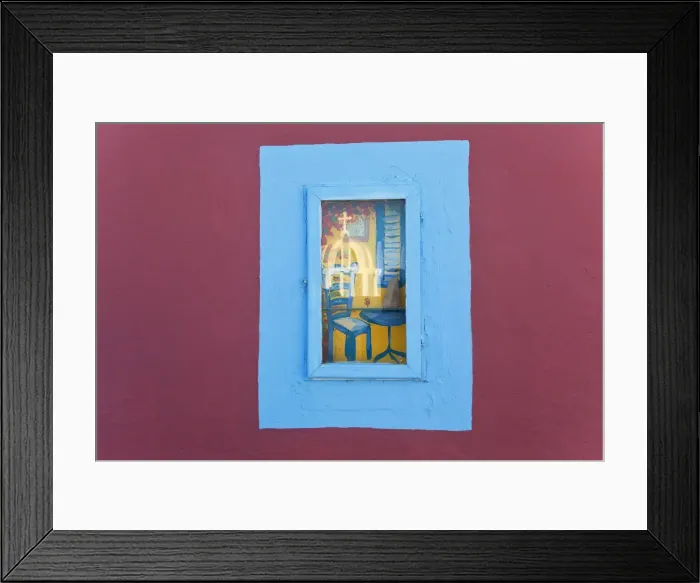 Framed Print : Reflection of church in picture window, Santorini (Thira), Cyclades, Greece Framed Print : Reflection of church in picture window, Santorini (Thira), Cyclades, Greece