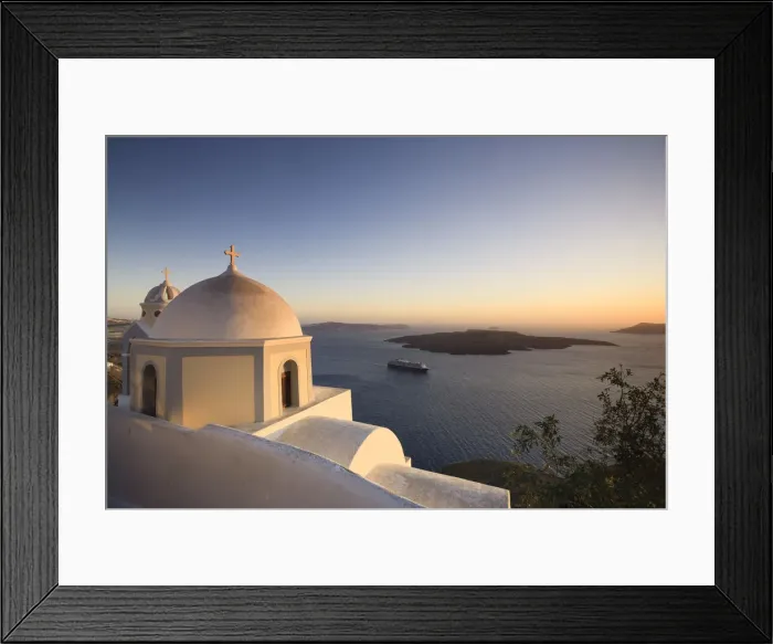 Framed Print : Greece, Cyclades, Santorini, Fira (Thira), Church and view of Santorini Caldera Framed Print : Greece, Cyclades, Santorini, Fira (Thira), Church and view of Santorini Caldera