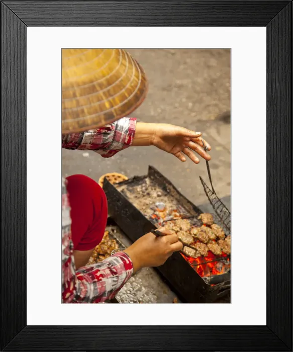 Framed Print : Preparing grilled pork as part of Bun Cha Street food, Old Quarter, Hanoi, Vietnam Framed Print : Preparing grilled pork as part of Bun Cha Street food, Old Quarter, Hanoi, Vietnam