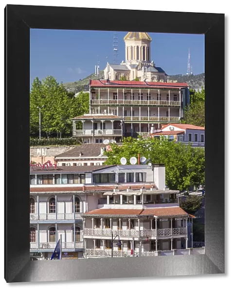 Georgia, Tbilisi, Avlabari, town buildings with Tsminda Sameba Cathedral