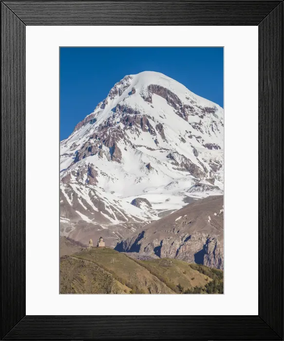 Framed Print : Georgia, Georgian Military Highway, Kazbegi-Stepantsminda, Tsminda-Sameba Church and Mt