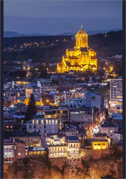 Georgia, Tbilisi, high angle view of Tsminda Sameba Cathedral