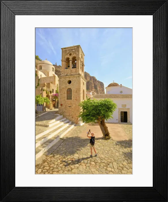 Framed Print : Tourist Taking Photograph of The Church of Elkomenos Christos and Bell Tower in Platia Framed Print : Tourist Taking Photograph of The Church of Elkomenos Christos and Bell Tower in Platia
