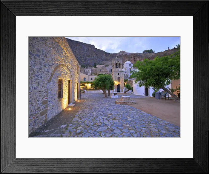 Framed Print : Church of Elkomenos Christos and Bell Tower in Platia Dsami Square, Monemvasia, Laconia