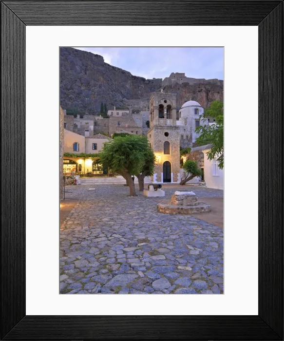 Framed Print : Church of Elkomenos Christos and Bell Tower in Platia Dsami Square, Monemvasia, Laconia