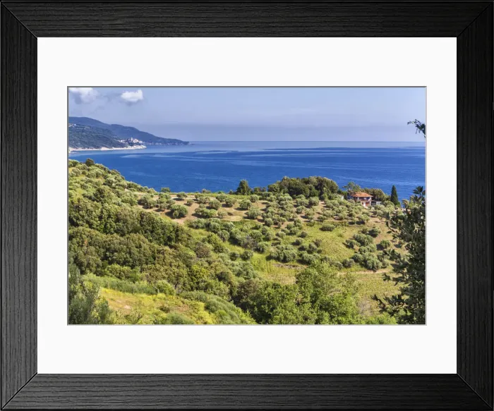 Framed Print : Aegean sea coast, Mount Athos, Athos peninsula, Greece