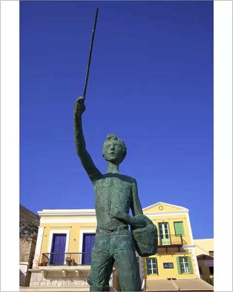 Statue Of Little Michael The Fisher Boy On Symi Waterfront, Symi, Dodecanese, Greek