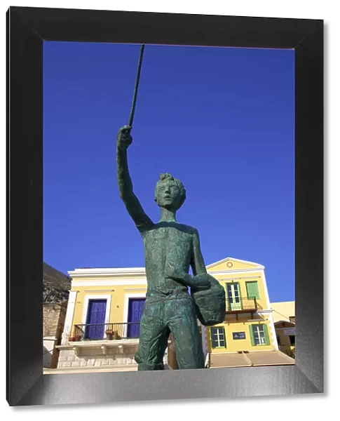 Statue Of Little Michael The Fisher Boy On Symi Waterfront, Symi, Dodecanese, Greek