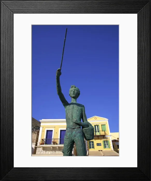 Framed Print : Statue Of Little Michael The Fisher Boy On Symi Waterfront, Symi, Dodecanese, Greek Framed Print : Statue Of Little Michael The Fisher Boy On Symi Waterfront, Symi, Dodecanese, Greek