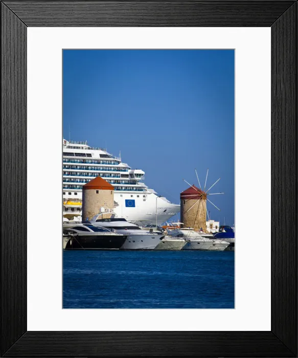 Framed Print : Cruise Ship & luxury boats in Mandraki Harbour, Rhodes Town, Rhodes, Greece