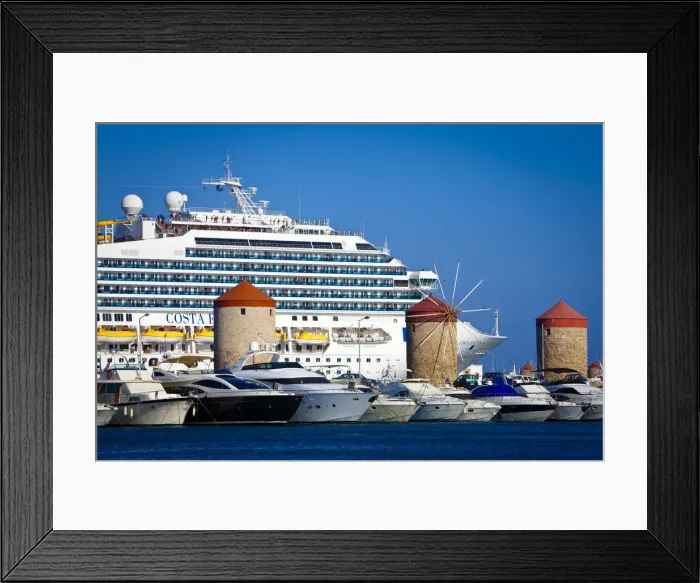 Framed Print : Cruise Ship & luxury boats in Mandraki Harbour, Rhodes Town, Rhodes, Greece Framed Print : Cruise Ship & luxury boats in Mandraki Harbour, Rhodes Town, Rhodes, Greece