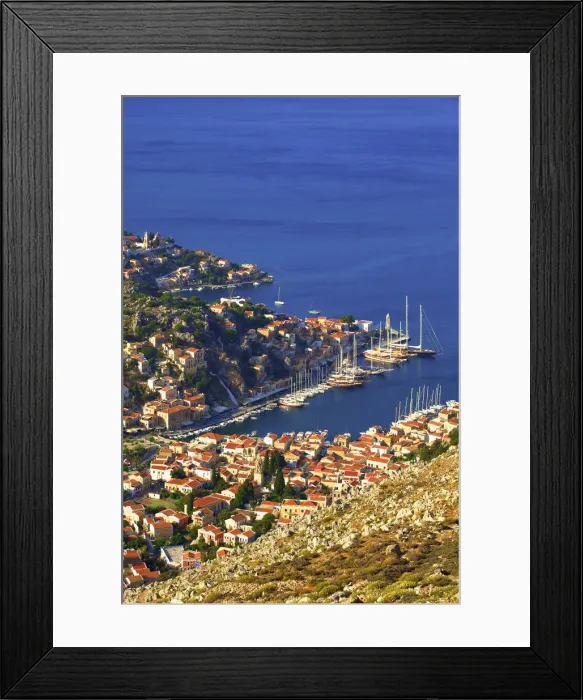 Framed Print : Boats In Symi Harbour From Elevated Angle, Symi, Dodecanese, Greek Islands, Greece Framed Print : Boats In Symi Harbour From Elevated Angle, Symi, Dodecanese, Greek Islands, Greece