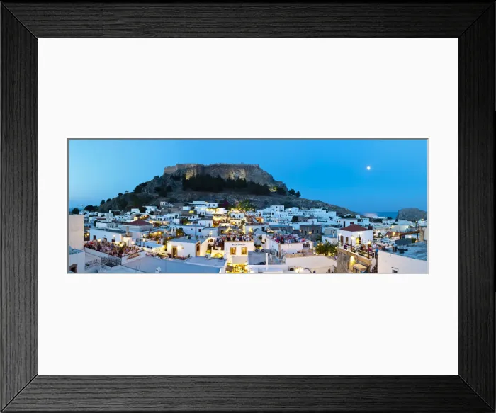 Framed Print : Lindos Acropolis & Rooftop Restaurants illuminated at dusk, Lindos, Rhodes, Greece Framed Print : Lindos Acropolis & Rooftop Restaurants illuminated at dusk, Lindos, Rhodes, Greece