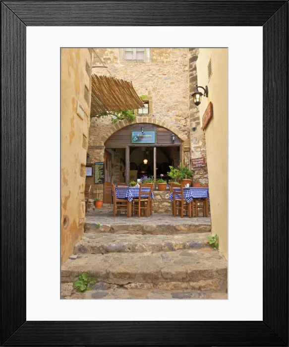 Framed Print : Restaurant, Monemvasia, Laconia, The Peloponnese, Greece, Southern Europe Framed Print : Restaurant, Monemvasia, Laconia, The Peloponnese, Greece, Southern Europe