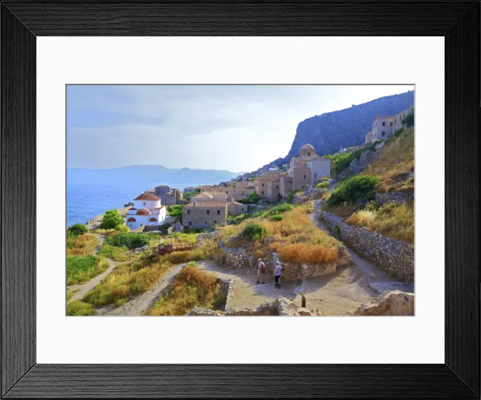 Framed Print : Two Hikers on Monemvasia, Laconia, The Peloponnese, Greece, Southern Europe