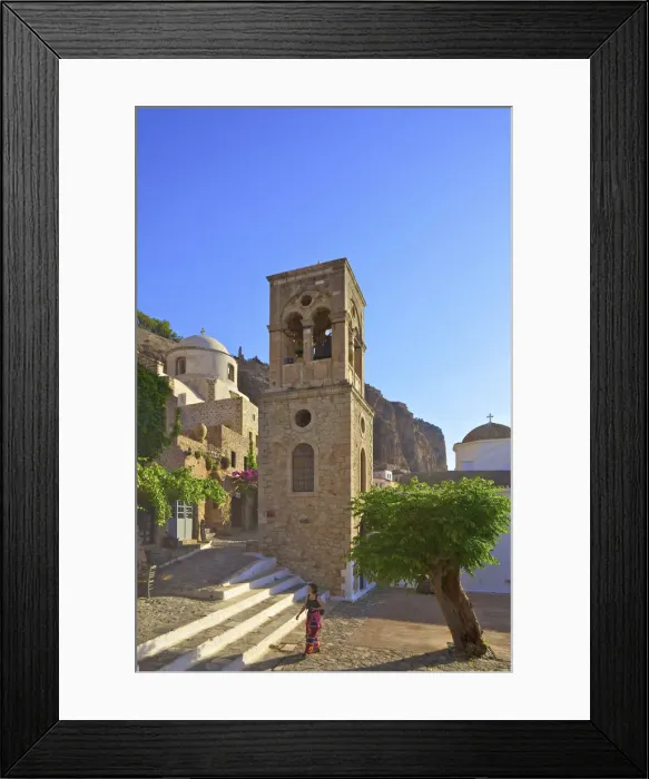 Framed Print : Church of Elkomenos Christos and Bell Tower in Platia Dsami Square, Monemvasia, Laconia Framed Print : Church of Elkomenos Christos and Bell Tower in Platia Dsami Square, Monemvasia, Laconia