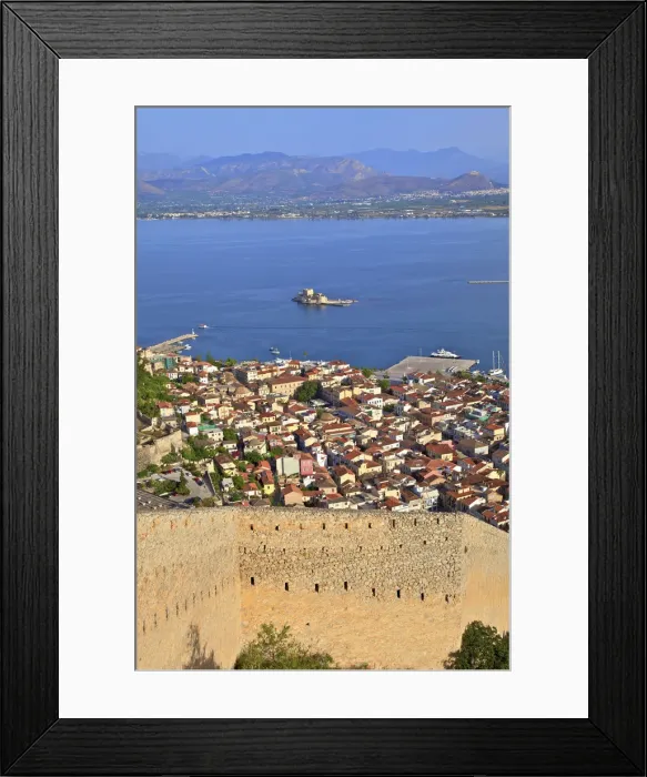 Framed Print : Bourtzi Castle and Nafplio Old Town from Palamidi Castle, Nafplio, Argolis