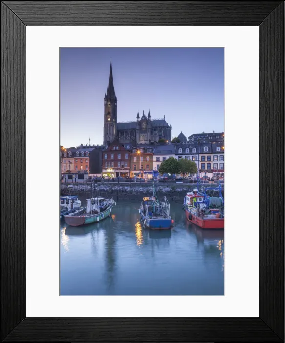 Framed Print : Ireland, County Cork, Cobh, St. Colmans Cathedral from Cobh Harbor, dusk Framed Print : Ireland, County Cork, Cobh, St. Colmans Cathedral from Cobh Harbor, dusk
