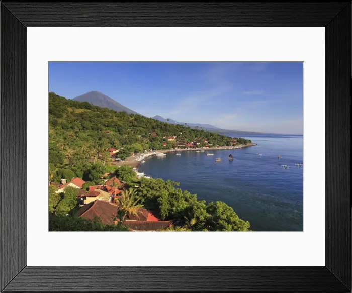 Framed Print : Indonesia, Bali, East Bali, Amed, Amed Village and Gunung Agung Volcano