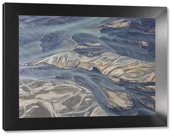 Aerial view of Hosa river coloured by glacial melt, SW Iceland