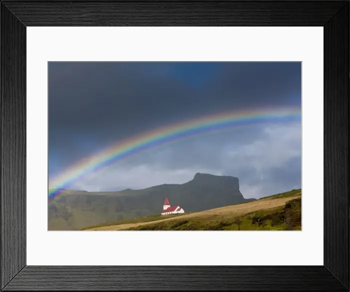 Framed Print : Rainbow over church, Vik, Iceland Framed Print : Rainbow over church, Vik, Iceland