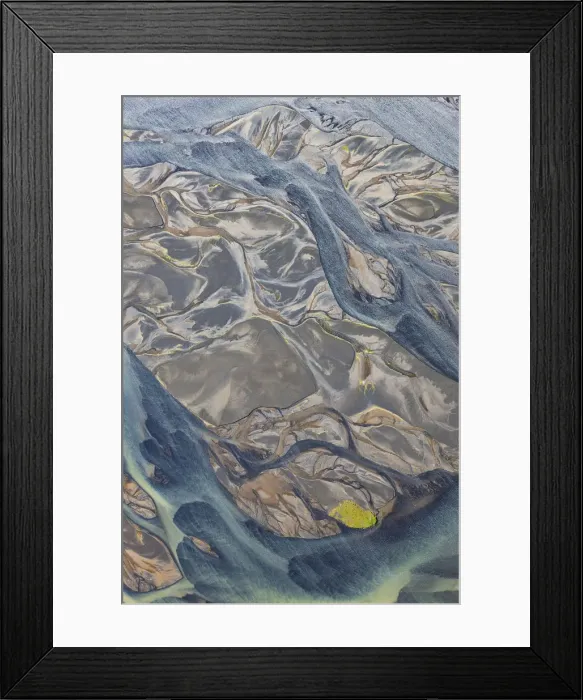 Framed Print : Aerial of river estuary water coloured by glacial melt, Iceland