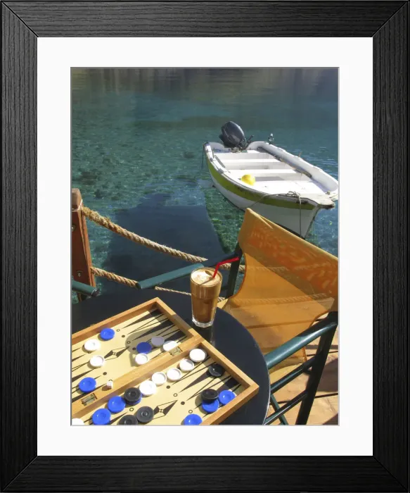 Framed Print : A Tavli board and Frappe. (Iced Coffee drink) Loutro, South Crete, Greece Framed Print : A Tavli board and Frappe. (Iced Coffee drink) Loutro, South Crete, Greece