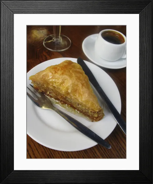 Framed Print : Greek Baklava and Coffee. Rethymnon Old Town Restaurant, Crete, Greece Framed Print : Greek Baklava and Coffee. Rethymnon Old Town Restaurant, Crete, Greece