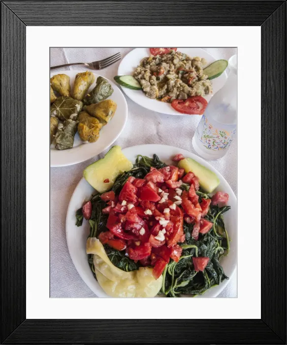 Framed Print : Greek Cuisine. Horta or Wild Greens, Courgettes with Rice, Stuffed Cabbage Leaves Dolma