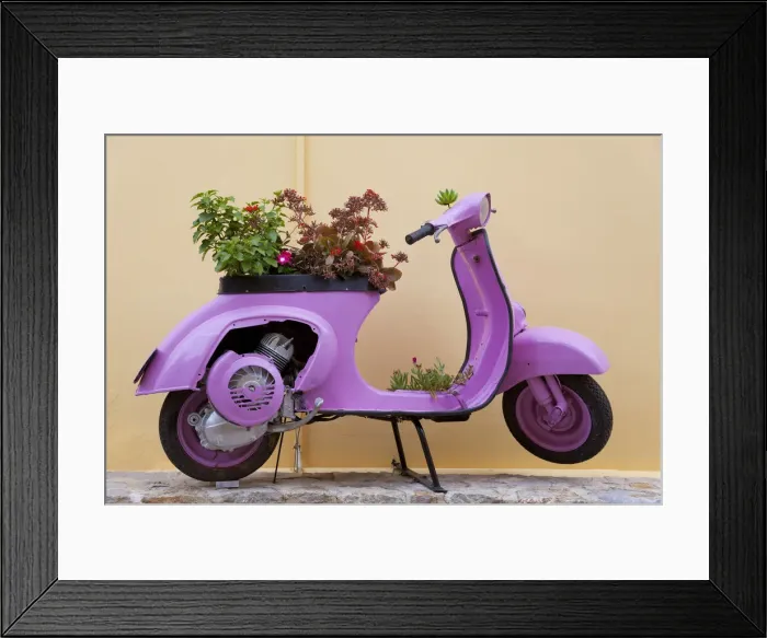 Framed Print : Scooter flower display, Symi Island, Dodecanese Islands, Greece Framed Print : Scooter flower display, Symi Island, Dodecanese Islands, Greece