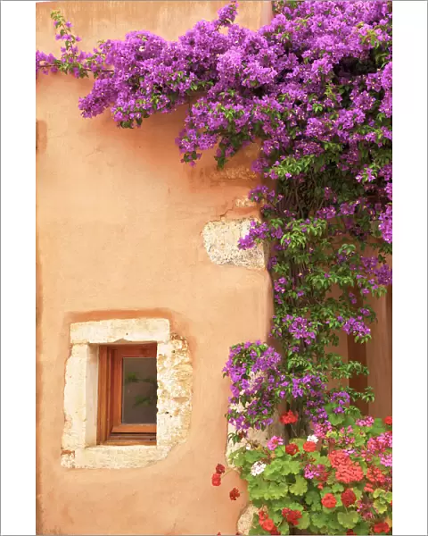 Old Building with Bougainvillea and Geraniums, Crete, Greek Islands, Greece, Europe