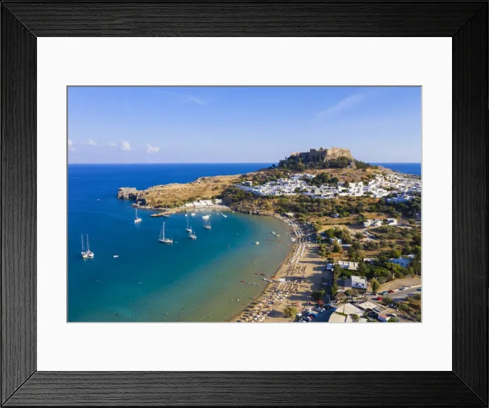 Framed Print : Greece, Rhodes, Lindos Acropolis and Megali Paralia Beach Framed Print : Greece, Rhodes, Lindos Acropolis and Megali Paralia Beach