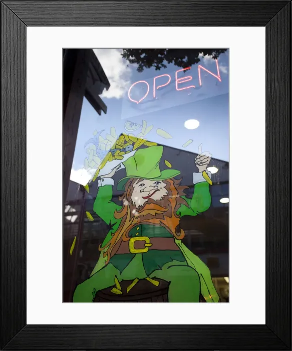 Framed Print : Leprecorn (Leprechaun) image in window of cafe, Temple Bar, Dublin, Irleand Framed Print : Leprecorn (Leprechaun) image in window of cafe, Temple Bar, Dublin, Irleand