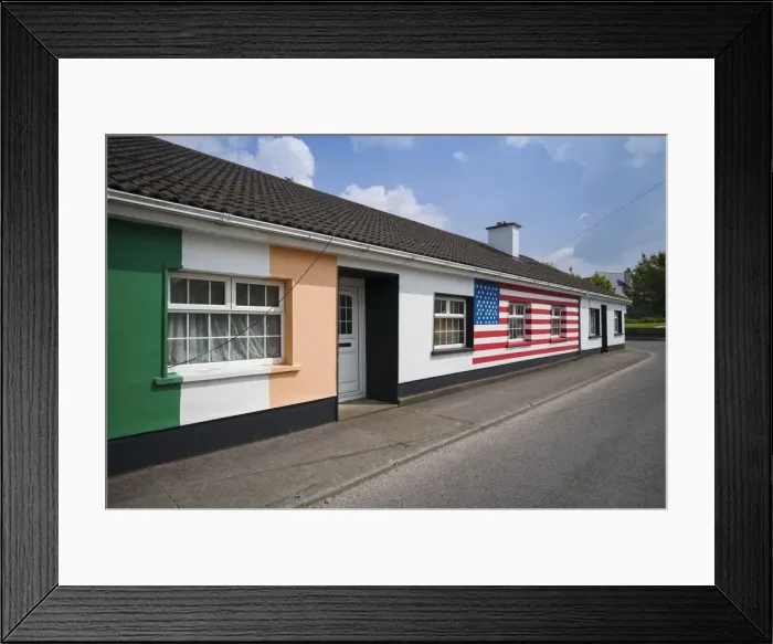 Framed Print : Ireland, County Offaly, Moneygall, house painted with Irish and US flags for visit Framed Print : Ireland, County Offaly, Moneygall, house painted with Irish and US flags for visit