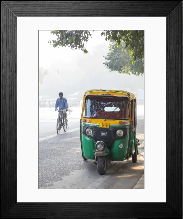 Framed Print : Tuk-Tuk and cyclist, New Delhi, India Framed Print : Tuk-Tuk and cyclist, New Delhi, India