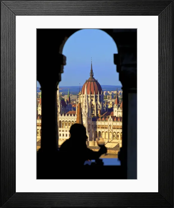 Framed Print : Cafe at Fishermans Bastion with Hungarian Parliament Building in background Framed Print : Cafe at Fishermans Bastion with Hungarian Parliament Building in background