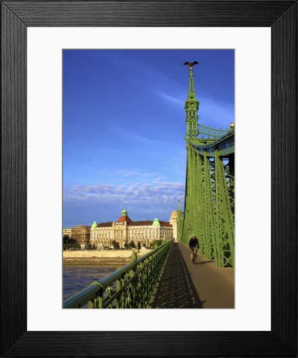 Framed Print : Gellert Hotel and Spa, Liberty Bridge and Cyclist, Budapest, Hungary