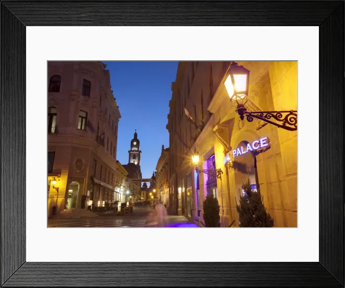 Framed Print : Kiraly utca and Town Hall illuminated at dusk, Pecs, Hungary Framed Print : Kiraly utca and Town Hall illuminated at dusk, Pecs, Hungary