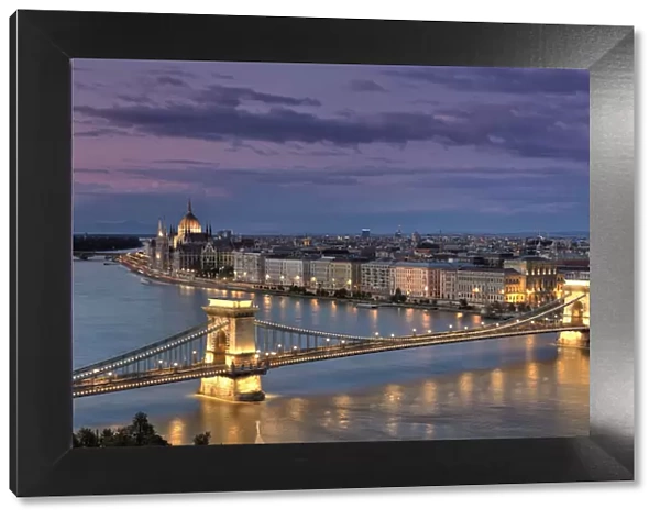 Hungary, Budapest, Parliament Buildings, Chain Bridge and River Danube