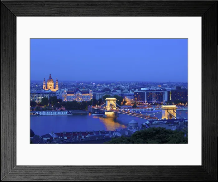 Framed Print : Chain Bridge, Four Seasons Hotel, Gresham Palace and St Stephens Basilica at Dusk Framed Print : Chain Bridge, Four Seasons Hotel, Gresham Palace and St Stephens Basilica at Dusk