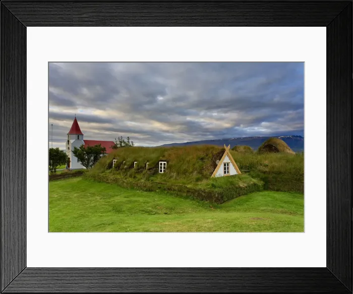 Framed Print : Glumbaer Church and Turf Roofed Farm Museum, Varmahlid, Iceland