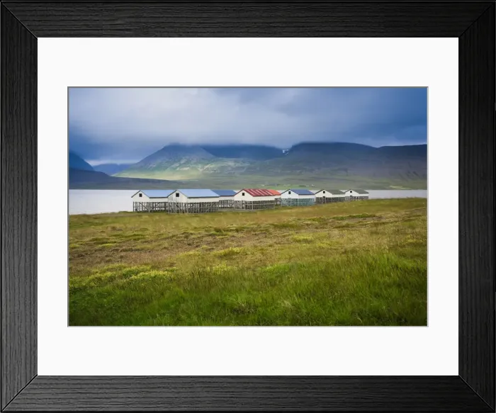 Framed Print : Fish drying Houses near Isafjordur, Westfjords, Iceland Framed Print : Fish drying Houses near Isafjordur, Westfjords, Iceland