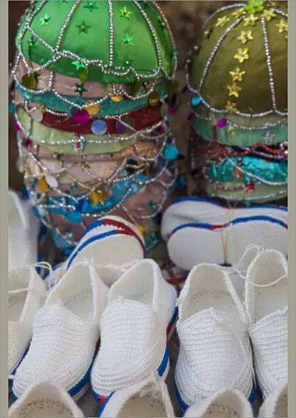 Iraq, Kurdistan, Erbil, Hats and Shoes at Qaysari Bazaar