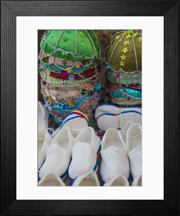 Framed Print : Iraq, Kurdistan, Erbil, Hats and Shoes at Qaysari Bazaar